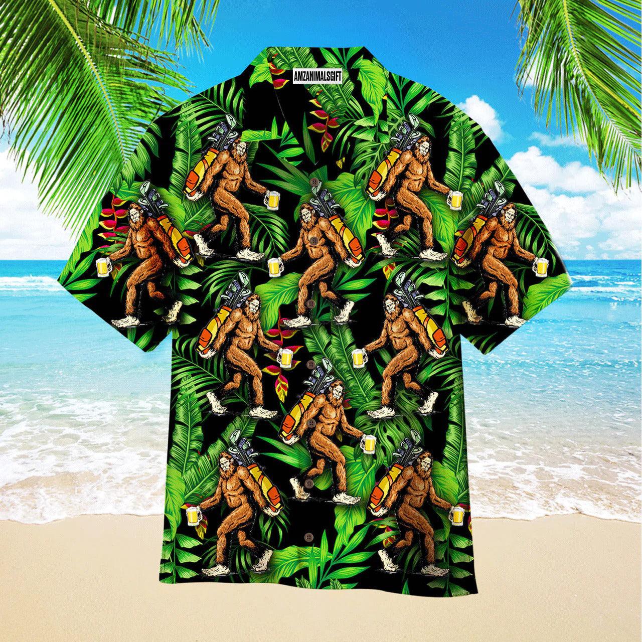 Golf Hawaiian Shirt, Bigfoot Love Golf And Beer Palm Leaves Pattern Aloha Hawaiian Shirts For Men and Women - Gift For Golfer, Friend, Family - Amzanimalsgift