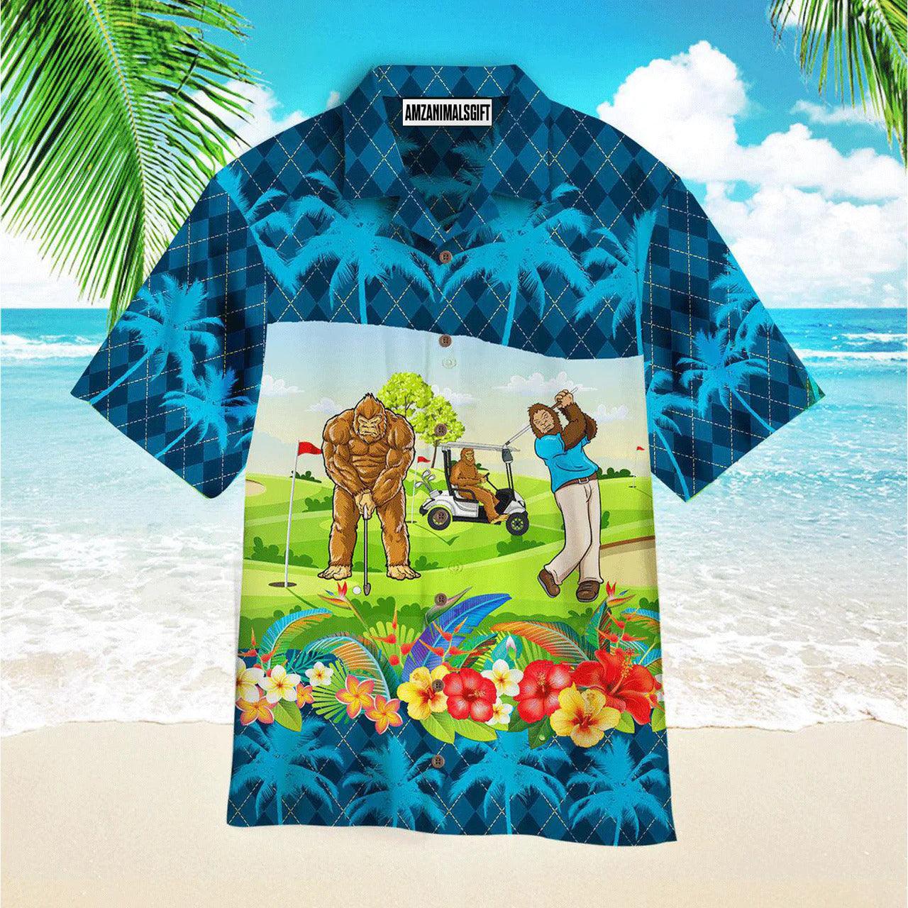 Golf Hawaiian Shirt, Bigfoot Playing Golf Tropical Palm Trees Pattern Blue Aloha Hawaiian Shirts For Men and Women - Gift For Golfer, Friend, Family - Amzanimalsgift