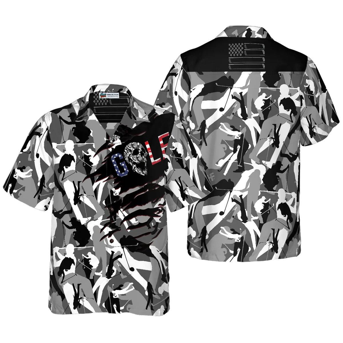Golf Hawaiian Shirt, Camouflage Golf Hawaiian Shirt, Golf Skull US Flag Aloha Shirt - Perfect Gift For Men, Women, Golf Lover, Friend, Family - Amzanimalsgift