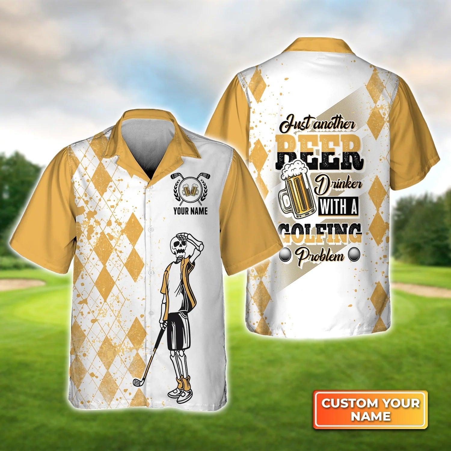 Golf Hawaiian Shirt Custom Name, Golf And Beer Argyle Pattern Skeleton Personalized Aloha Shirt For Men Women - Perfect Gift For Golfer, Friend - Amzanimalsgift