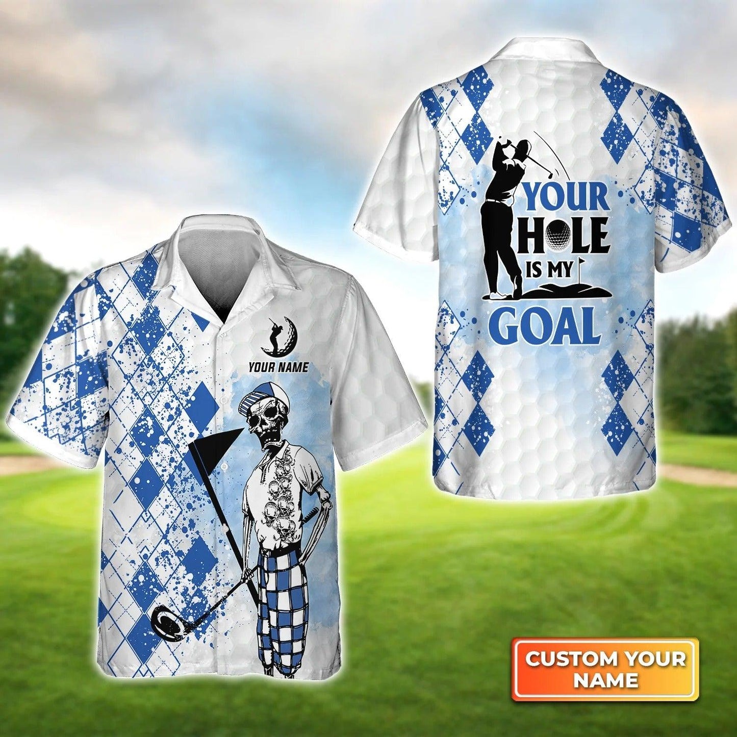 Golf Hawaiian Shirt Custom Name, Golf Skull Blue Pattern Your Hole Is My Goal Personalized Aloha Hawaiian Shirts For Men Women - Gift For Husband, Friend - Amzanimalsgift