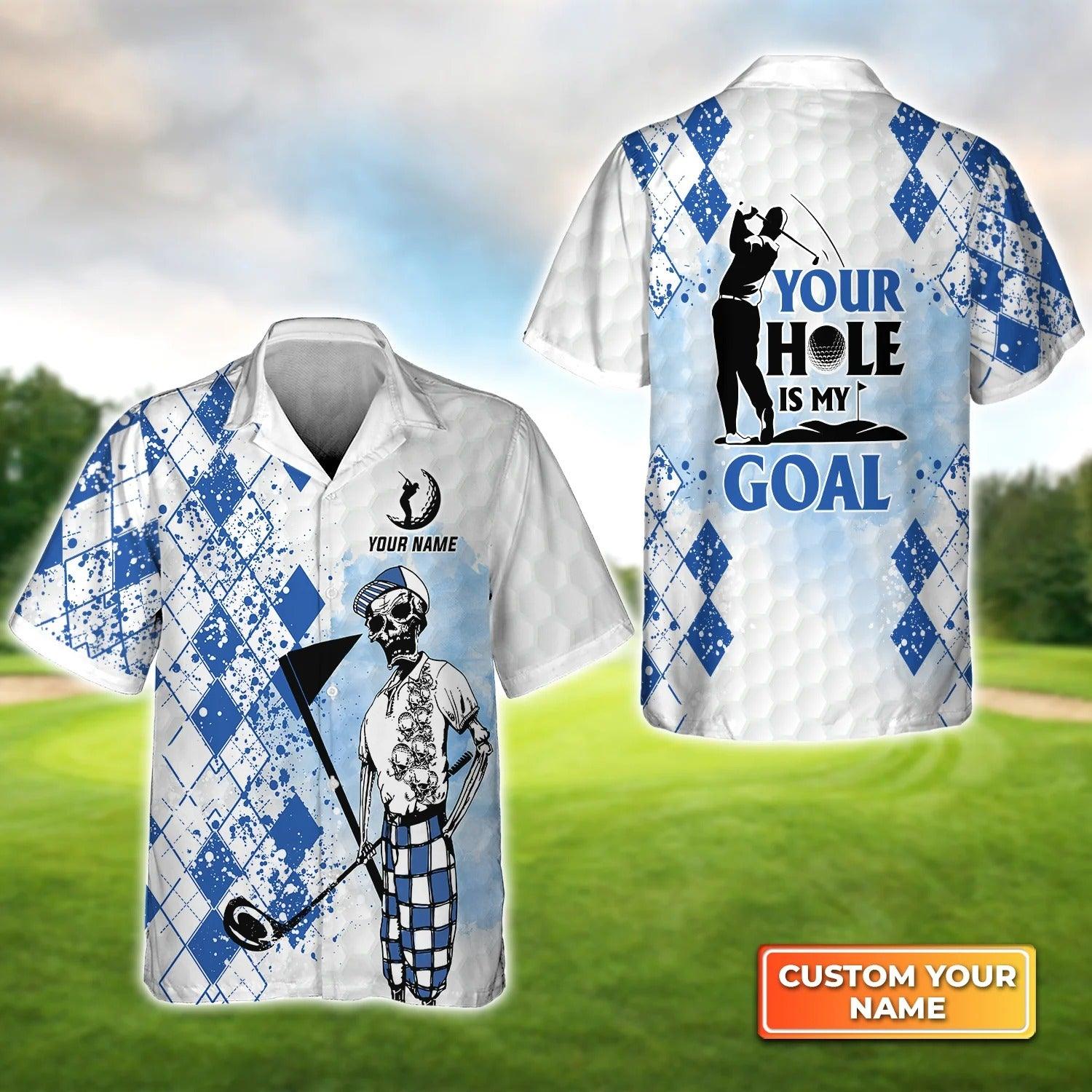 Golf Hawaiian Shirt Custom Name, Golf Skull Blue Pattern Your Hole Is My Goal Personalized Aloha Hawaiian Shirts For Men Women - Gift For Husband, Friend - Amzanimalsgift