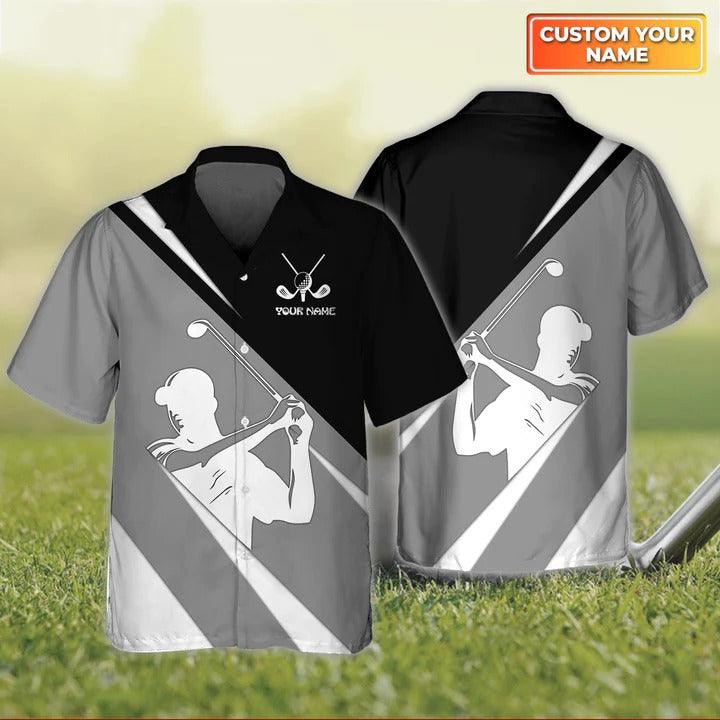 Golf Hawaiian Shirt Custom Name, Golf Swing Personalized Golf Grey Black Hawaiian Shirt For Men - Perfect Gift For Golf Lovers, Golfers - Amzanimalsgift