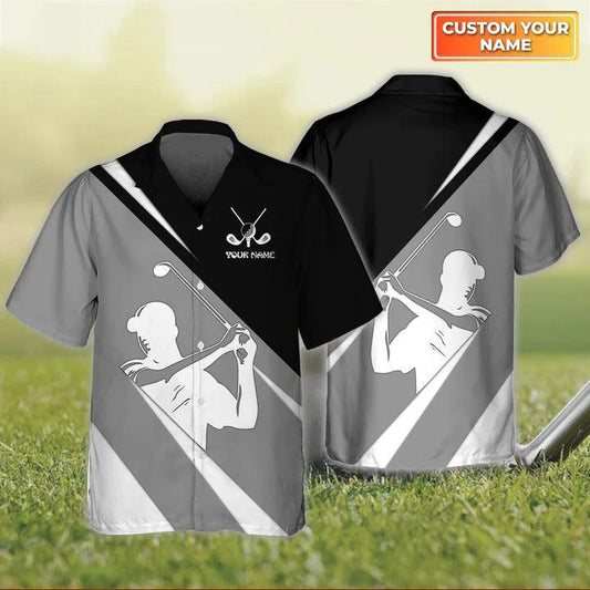 Golf Hawaiian Shirt Custom Name, Golf Swing Personalized Golf Grey Black Hawaiian Shirt For Men - Perfect Gift For Golf Lovers, Golfers - Amzanimalsgift