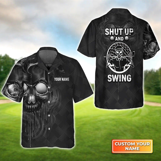 Golf Hawaiian Shirt Custom Name, Skull Golf Shut Up And Swing Personalized Aloha Hawaiian Shirt For Men Women - Perfect Gift For Husband, Friend - Amzanimalsgift