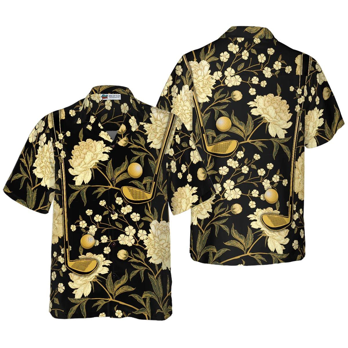 Golf Hawaiian Shirt, Gold Floral Golf Club And Ball Hawaiian Shirt, Luxury Black Aloha Shirt - Perfect Gift For Men, Women, Golf Lover, Friend, Family - Amzanimalsgift
