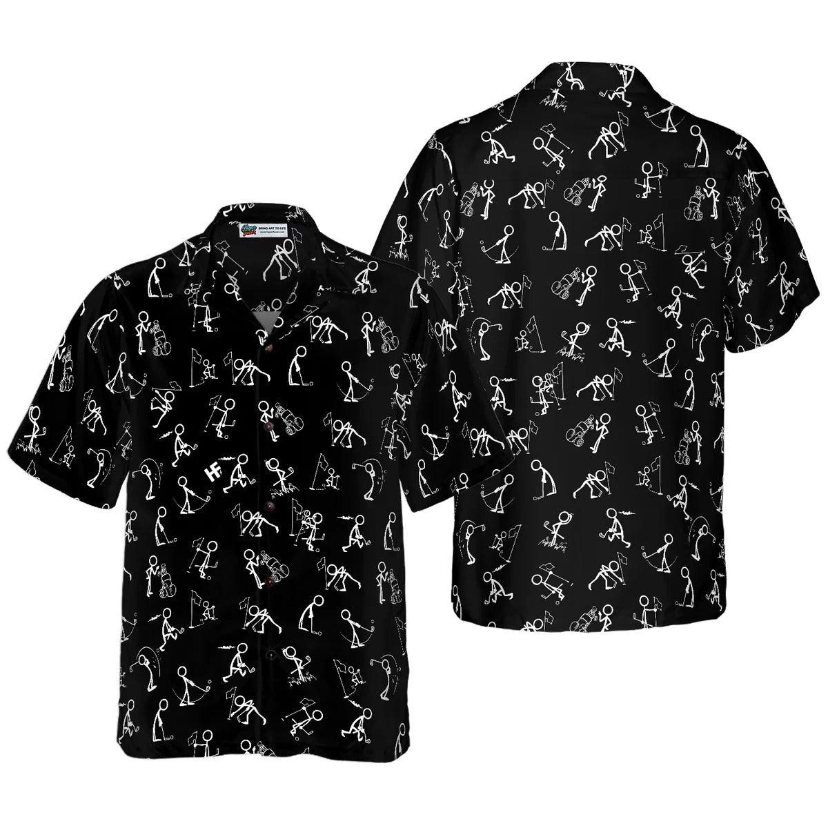 Golf Hawaiian Shirt, Golf Aloha Shirt, Stickfigures Playing Golf On Black Background Hawaii Shirt For Summer - Perfect Gift For Men, Women, Golf Lover - Amzanimalsgift