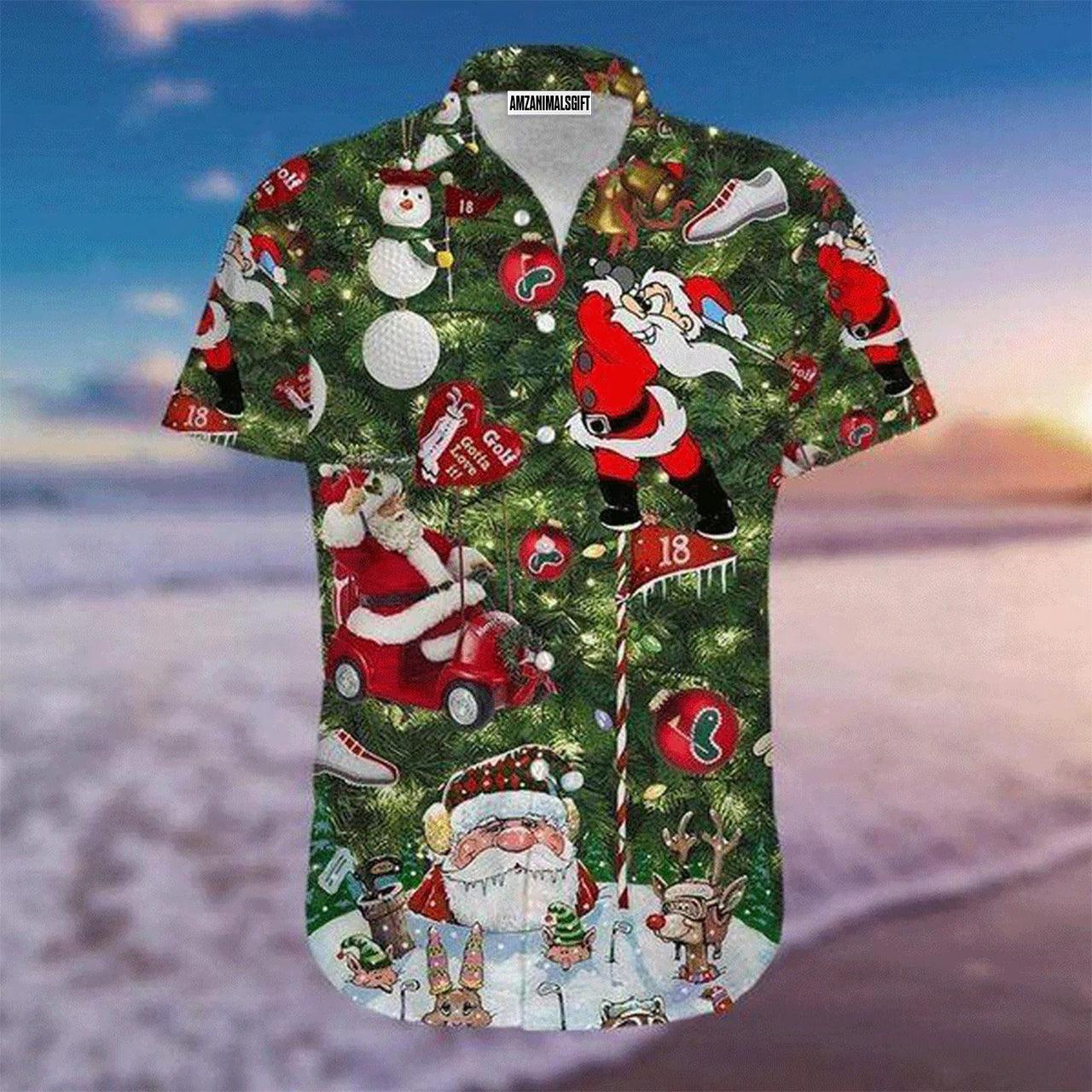 Golf Hawaiian Shirt, Golf Christmas Santa Claus Snowman Green Aloha Hawaiian Shirts For Men and Women - Gift For Golfer, Friend, Family - Amzanimalsgift