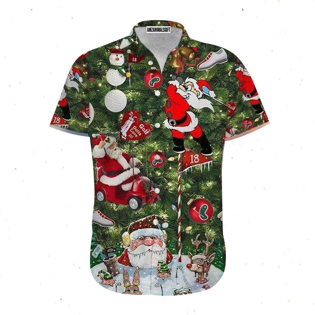 Golf Hawaiian Shirt, Golf Christmas Santa Claus Snowman Green Aloha Hawaiian Shirts For Men and Women - Gift For Golfer, Friend, Family - Amzanimalsgift