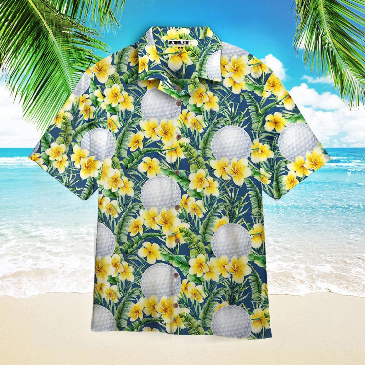 Golf Hawaiian Shirt, Tropical Yellow Hibiscus Flowers Golf Frangipani Green Aloha Hawaiian Shirts For Men and Women - Gift For Golfer, Friend, Family - Amzanimalsgift