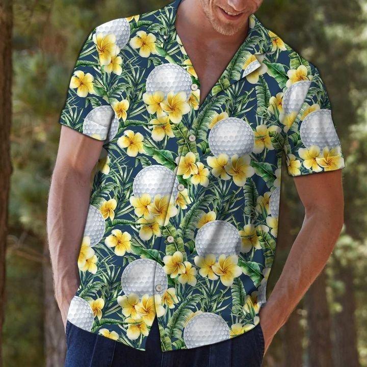 Golf Hawaiian Shirt, Tropical Yellow Hibiscus Flowers Golf Frangipani Green Aloha Hawaiian Shirts For Men and Women - Gift For Golfer, Friend, Family - Amzanimalsgift