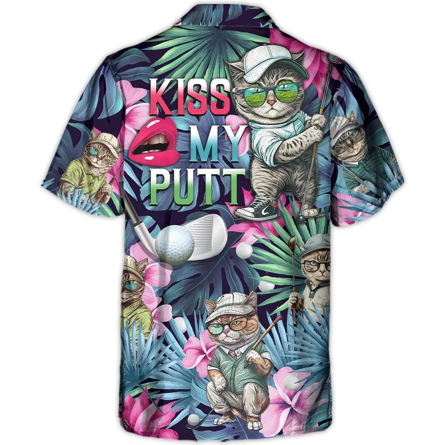 Golf Hawaiian Shirts - Funny Cat Playing Golf Aloha Shirts, Kiss My Putt Tropical Floral Hawaiian Shirt - Perfect Gift For Men, Golfer, Cat Lovers - Amzanimalsgift