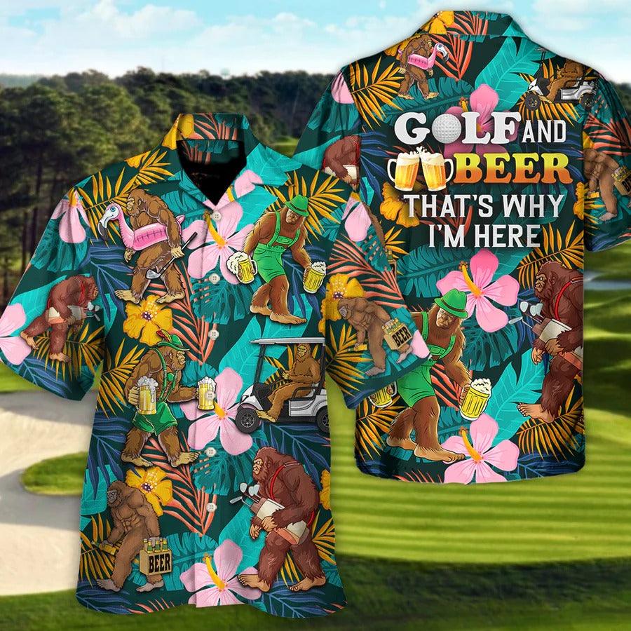 Golf Hawaiian Shirts - Golf Funny Bigfoot Playing Golf, Golf and Beer Tropical Floral Hawaiian Shirt - Perfect Gift For Men, Golfers, Golf Lovers - Amzanimalsgift
