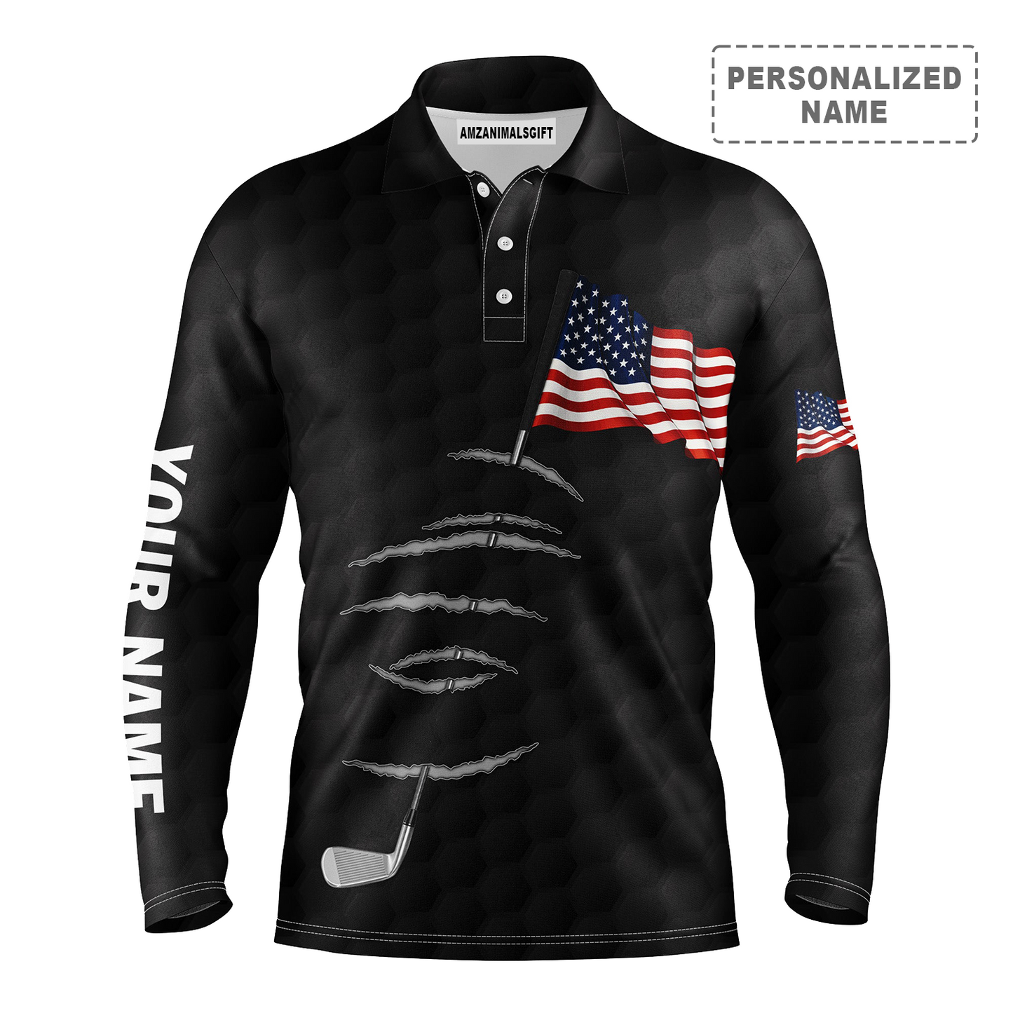 Golf Long Sleeve Polo Shirt Golf Stick American Flag 4th July Customized Name For Men, Personalized Outfit For Golf Lover, Team, Golfers