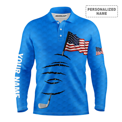 Golf Long Sleeve Polo Shirt Golf Stick American Flag 4th July Customized Name For Men, Personalized Outfit For Golf Lover, Team, Golfers