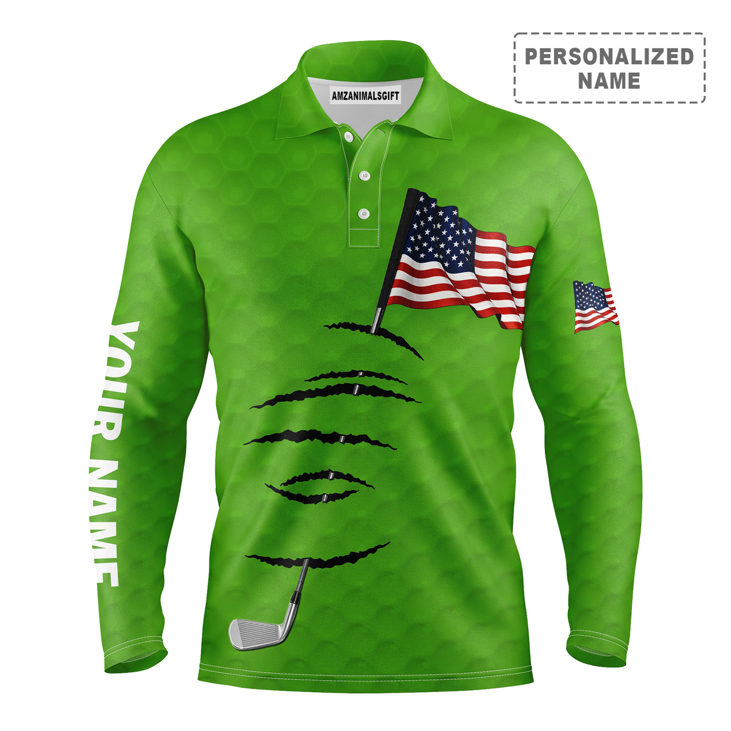 Golf Long Sleeve Polo Shirt Golf Stick American Flag 4th July Customized Name For Men, Personalized Outfit For Golf Lover, Team, Golfers