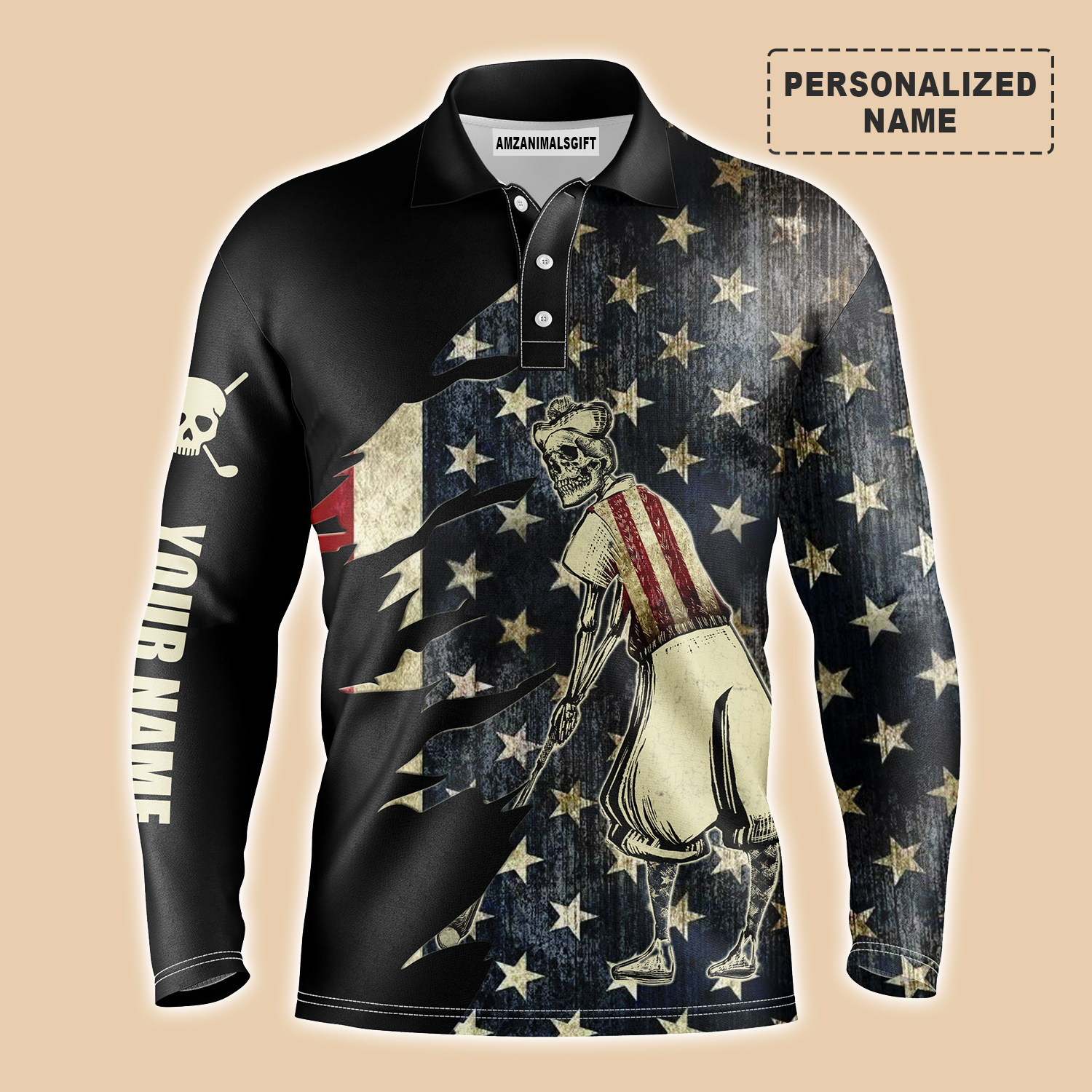 Golf Long Sleeve Polo Shirt Customized Name American Flag Skeleton Patriotic Black Men Apparel, Personalized Outfit For Golf Lovers, Golfers