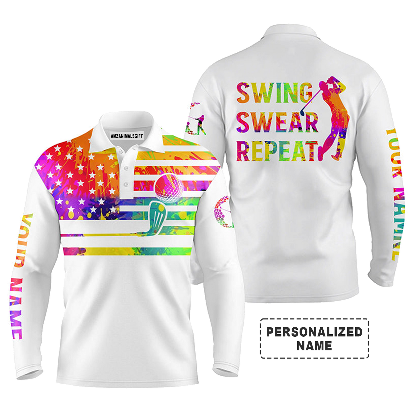 Golf Long Sleeve Polo Shirt For Men Watercolor American Flag Swing Swear Repeat Customized Name, Personalized Outfit For Golf Lovers, Golfers