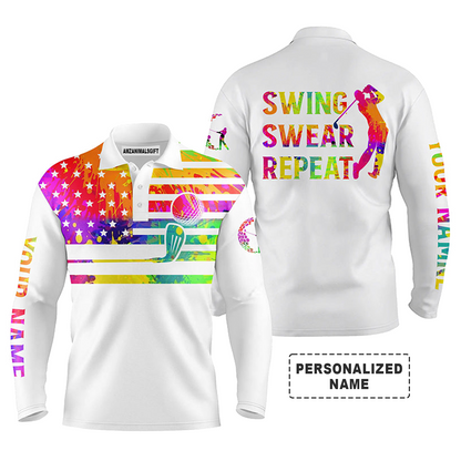 Golf Long Sleeve Polo Shirt For Men Watercolor American Flag Swing Swear Repeat Customized Name, Personalized Outfit For Golf Lovers, Golfers