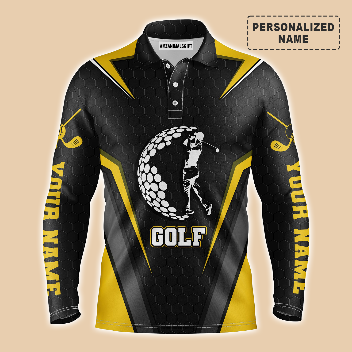 Golf Long Sleeve Polo Shirt Customized Name Swing Black Yellow Gold Men Apparel, Personalized Outfit For Men, Golf Lovers, Golfers