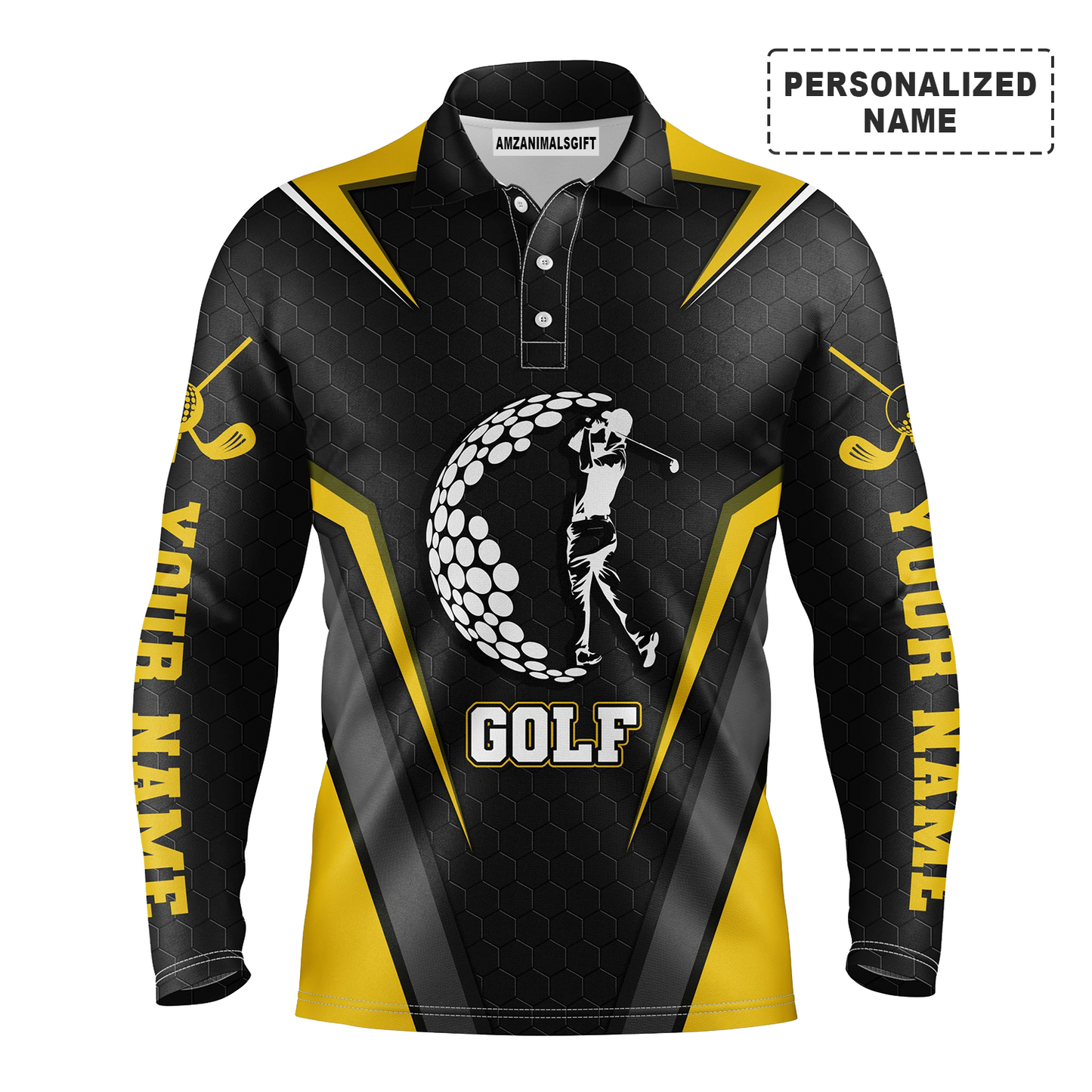 Golf Long Sleeve Polo Shirt Customized Name Swing Black Yellow Gold Men Apparel, Personalized Outfit For Men, Golf Lovers, Golfers