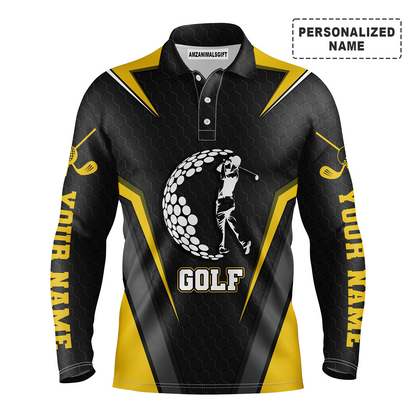 Golf Long Sleeve Polo Shirt Customized Name Swing Black Yellow Gold Men Apparel, Personalized Outfit For Men, Golf Lovers, Golfers