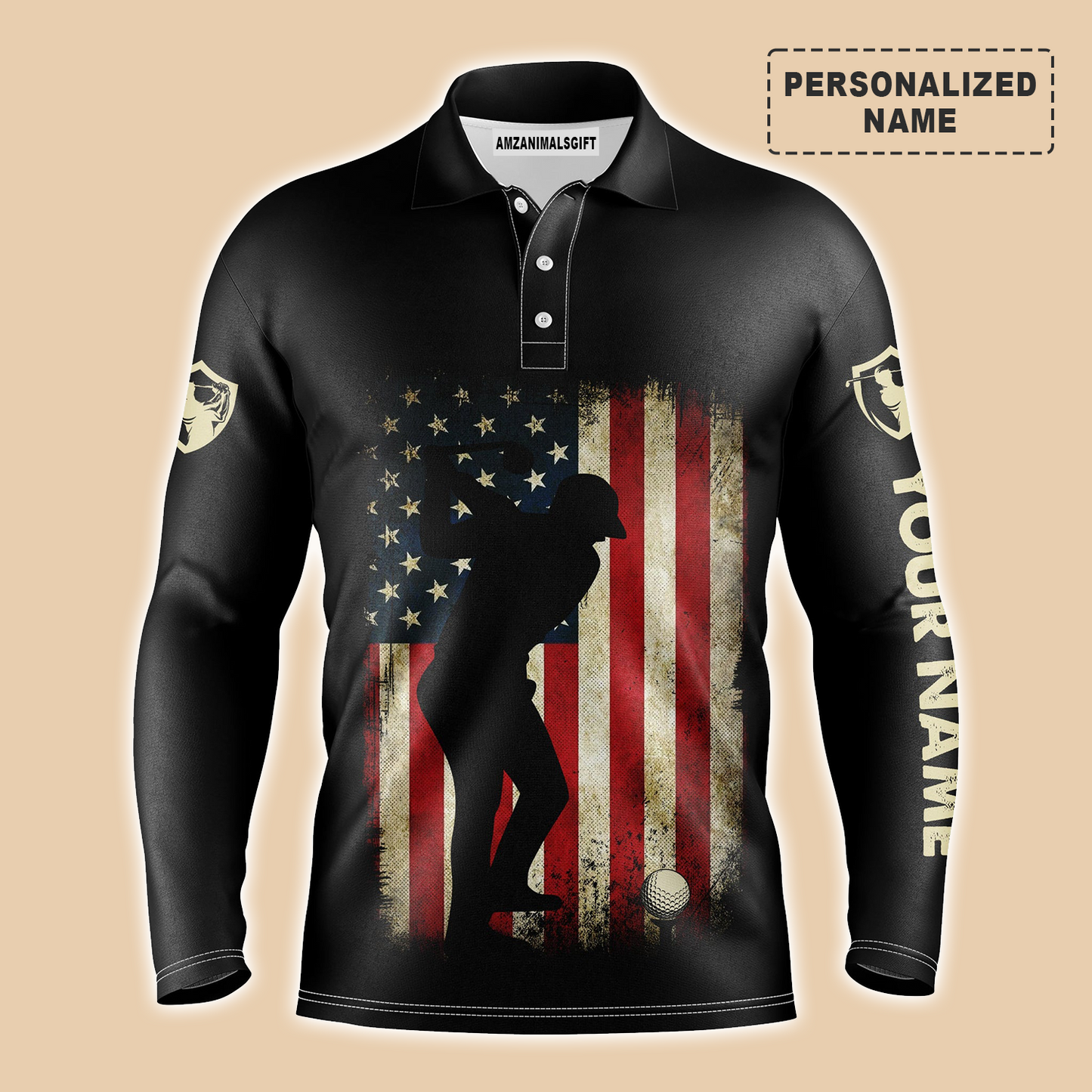 Golf Customized Long Sleeve Polo Shirt For Men Vintage American Flag Patriotic Black Apparel, Best Outfit For Golf Lover, Team, Golfer, 4th July