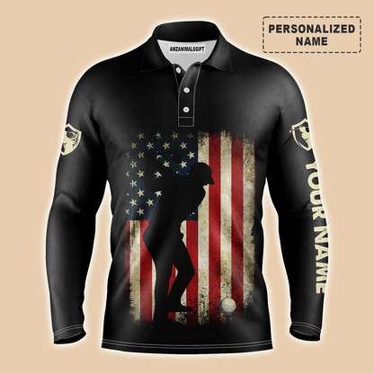 Golf Customized Long Sleeve Polo Shirt For Men Vintage American Flag Patriotic Black Apparel, Best Outfit For Golf Lover, Team, Golfer, 4th July