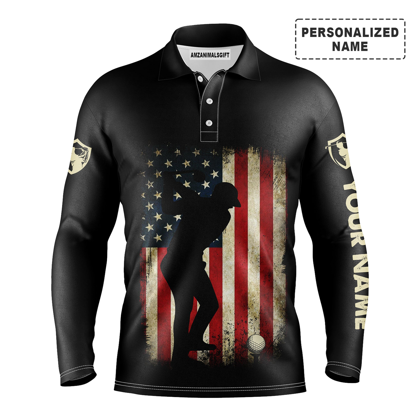 Golf Customized Long Sleeve Polo Shirt For Men Vintage American Flag Patriotic Black Apparel, Best Outfit For Golf Lover, Team, Golfer, 4th July