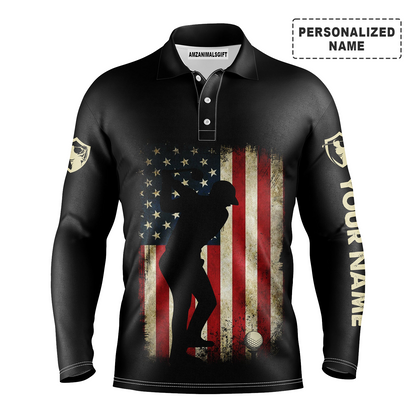 Golf Customized Long Sleeve Polo Shirt For Men Vintage American Flag Patriotic Black Apparel, Best Outfit For Golf Lover, Team, Golfer, 4th July