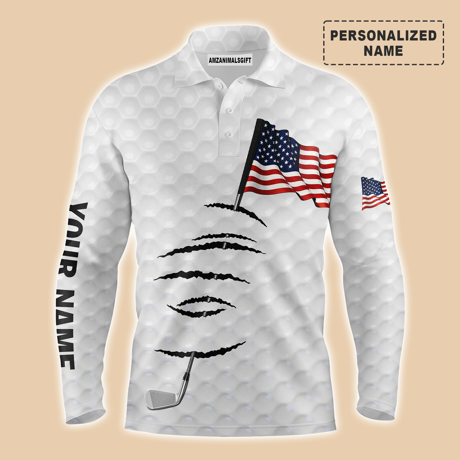 Golf Long Sleeve Polo Shirt Golf Stick American Flag 4th July Customized Name For Men, Personalized Outfit For Golf Lover, Team, Golfers