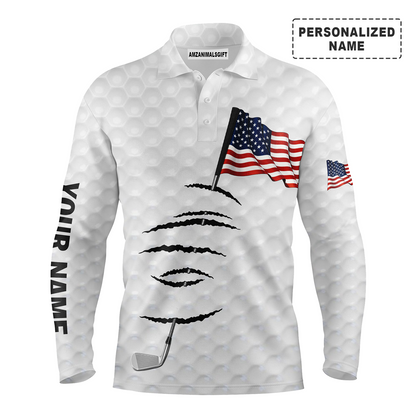 Golf Long Sleeve Polo Shirt Golf Stick American Flag 4th July Customized Name For Men, Personalized Outfit For Golf Lover, Team, Golfers