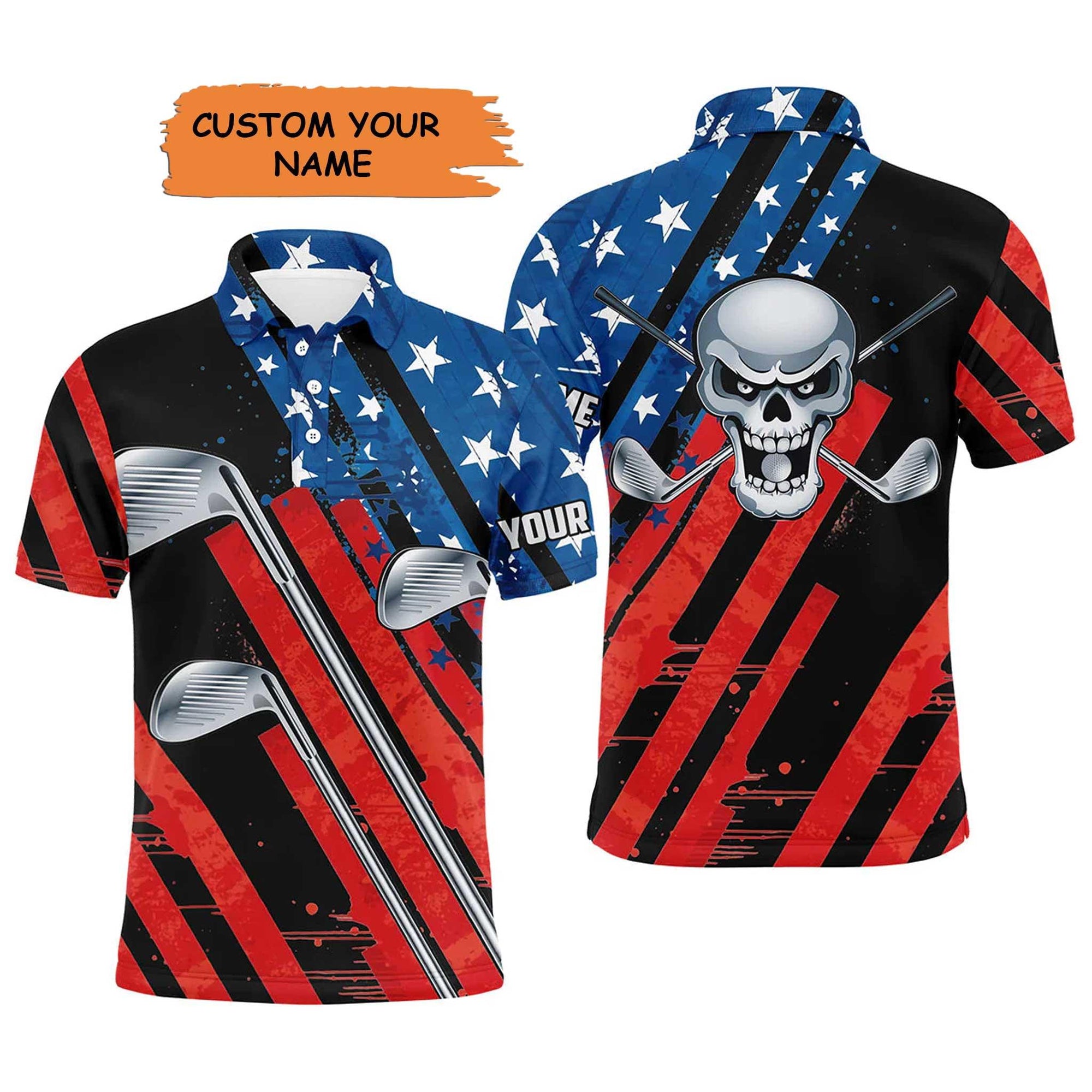 Golf Men Polo Shirt - American Flag 4th July Skull Golf Clubs Custom Name Apparel - Personalized Gift For Golf Lover, Men, Patriot, Independence Day - Amzanimalsgift