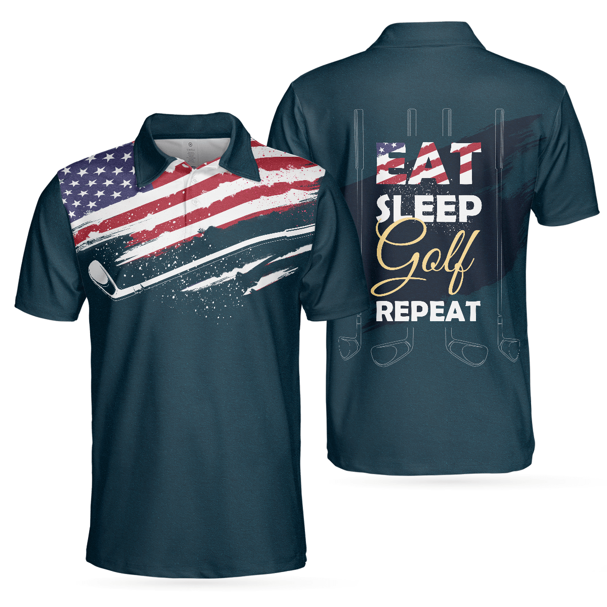 Golf Men Polo Shirt, American Flag, Eat Sleep Golf Repeat Polo Shirt, Dark Navy Golf Shirt For Men - Gift For Golfers, Golf Lovers - Amzanimalsgift