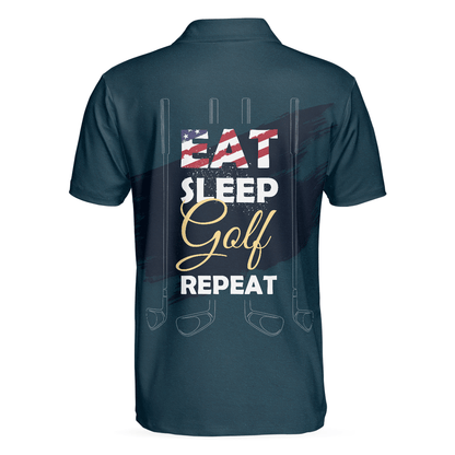 Golf Men Polo Shirt, American Flag, Eat Sleep Golf Repeat Polo Shirt, Dark Navy Golf Shirt For Men - Gift For Golfers, Golf Lovers - Amzanimalsgift