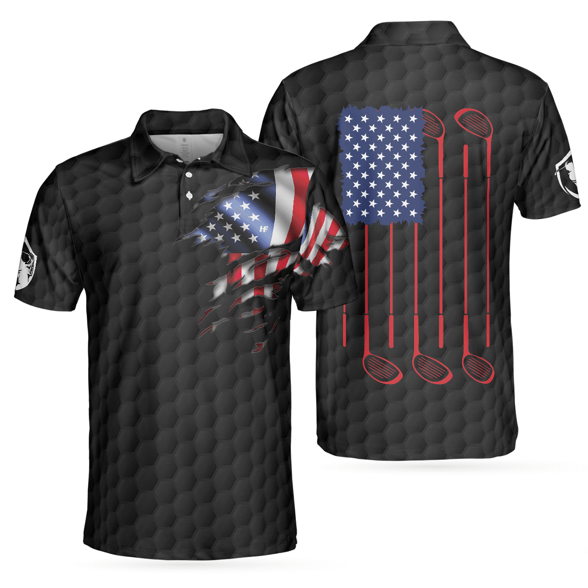 Golf Men Polo Shirt, American Flag Golfer Black Version, Golf Ball Pattern Polo Shirt For Men - Gift For Golfers, Golf Lovers - Amzanimalsgift