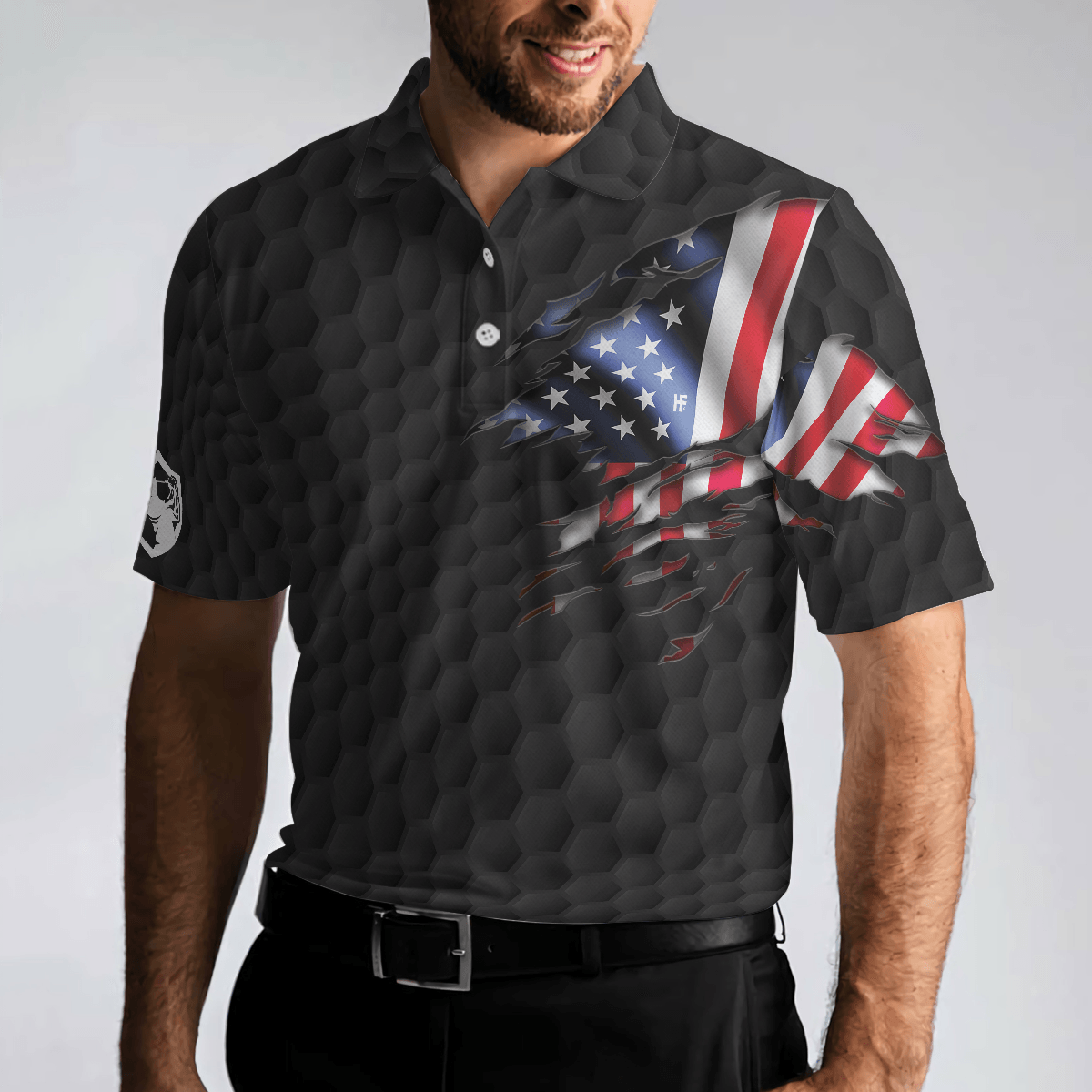 Golf Men Polo Shirt, American Flag Golfer Black Version, Golf Ball Pattern Polo Shirt For Men - Gift For Golfers, Golf Lovers - Amzanimalsgift