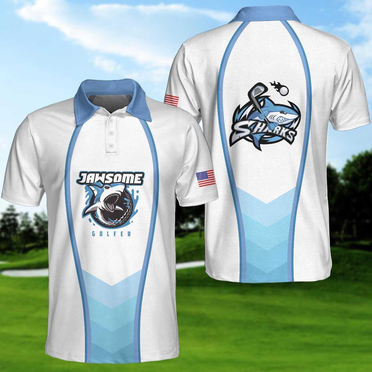 Golf Men Polo Shirt, American Flag Shark, Jawsome Golfer Polo Shirt For Men - Best Gift For Golfers, Golf Lovers - Amzanimalsgift