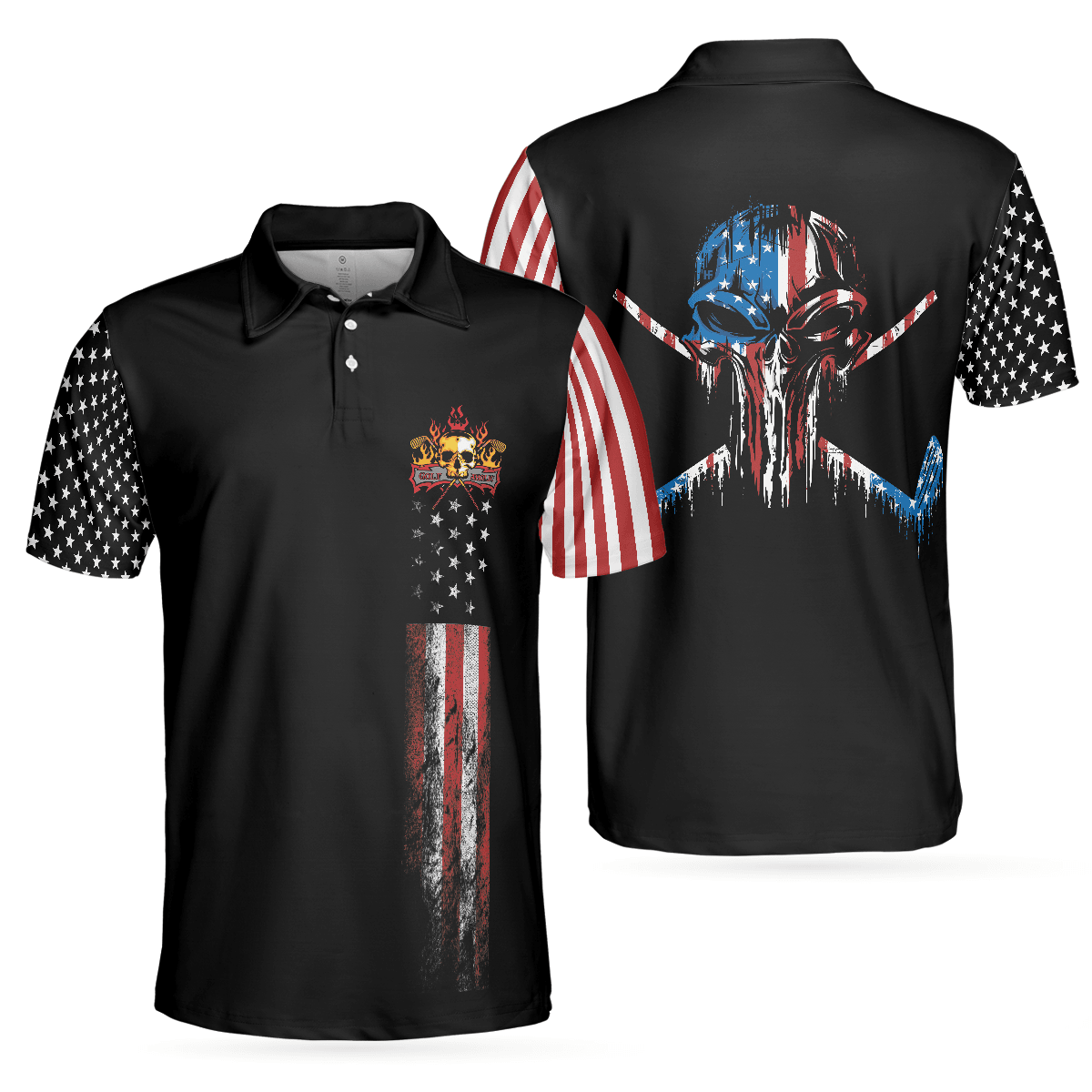 Golf Men Polo Shirt, American Flag Skull Golf Polo Shirt, Dark Theme American Flag Polo Shirt For Men - Best Gift For Golf Lovers, Golfers - Amzanimalsgift