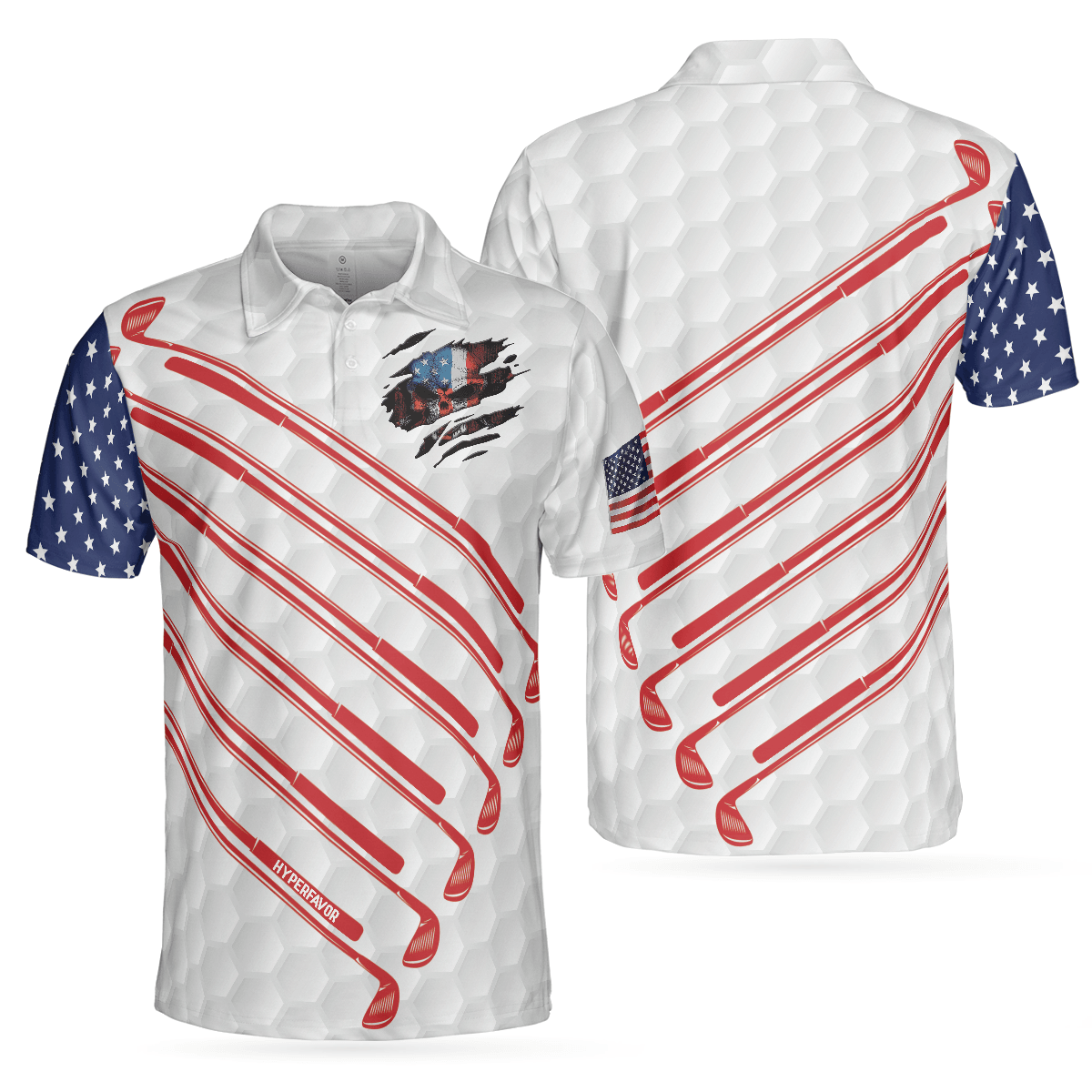 Golf Men Polo Shirt, American Flag Skull, Patriotic Golf Shirt For Men - Best Gift For Golfers, Golf Lovers - Amzanimalsgift