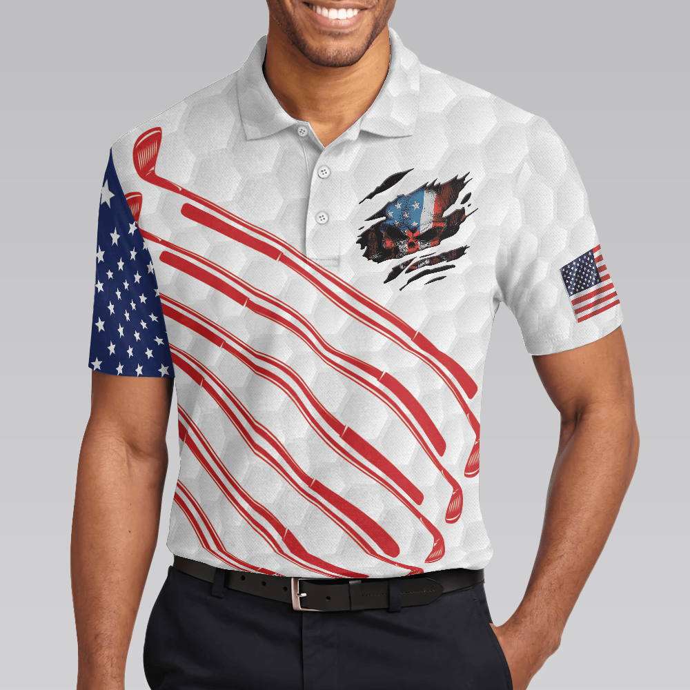 Golf Men Polo Shirt, American Flag Skull, Patriotic Golf Shirt For Men - Best Gift For Golfers, Golf Lovers - Amzanimalsgift