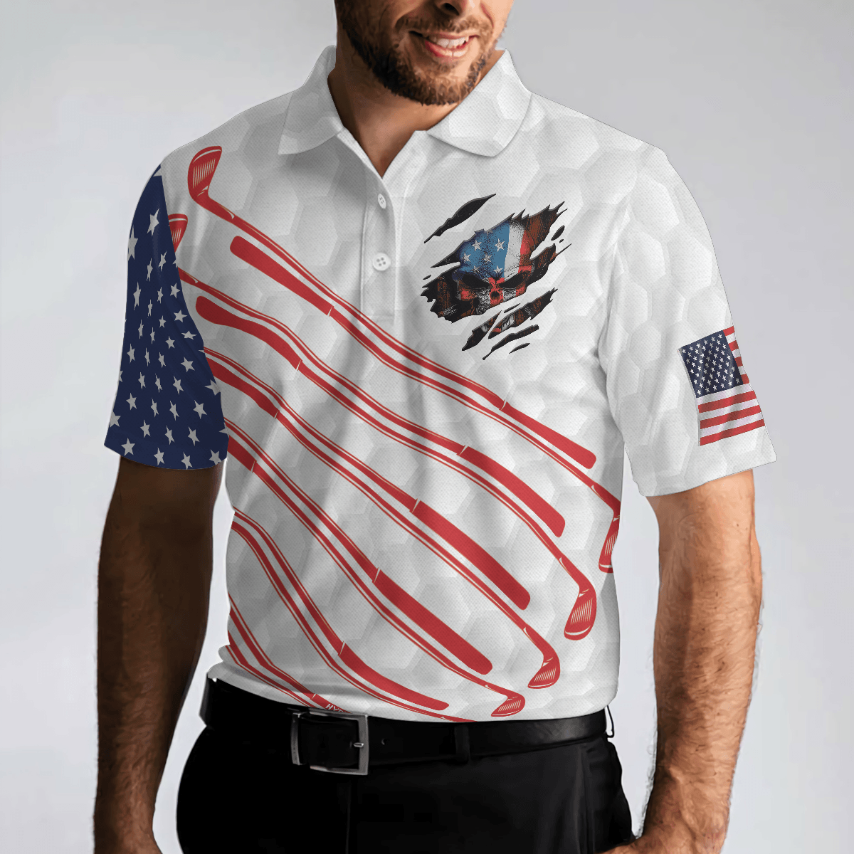 Golf Men Polo Shirt, American Flag Skull, Patriotic Golf Shirt For Men - Best Gift For Golfers, Golf Lovers - Amzanimalsgift