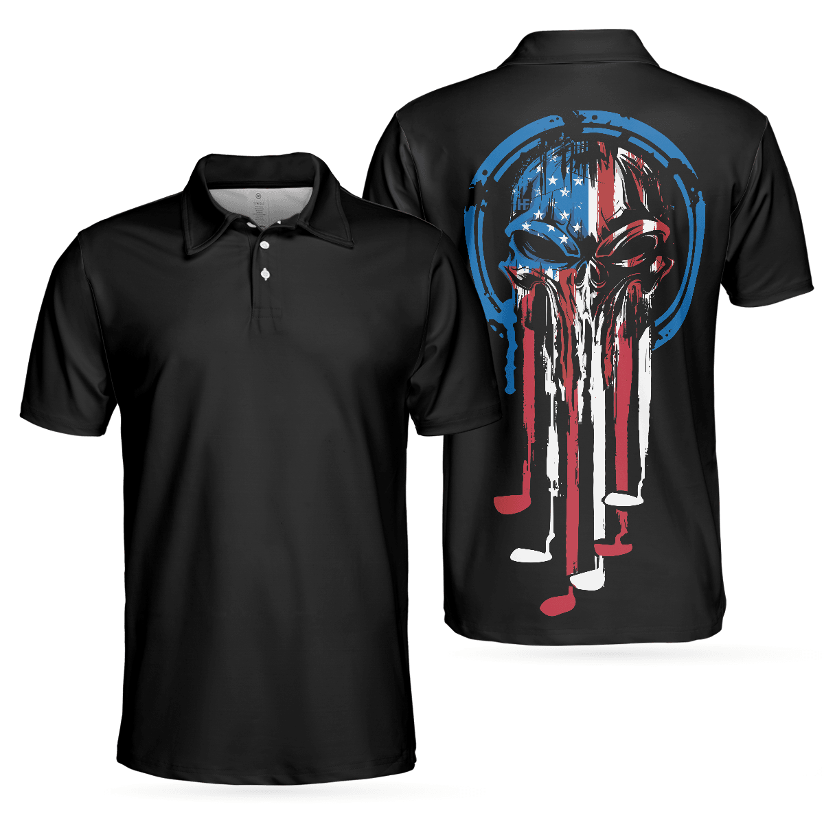 Golf Men Polo Shirt, American Skull Golf Clubs Polo Shirt Black, Wet Paint American Flag Skull Polo Shirt For Men - Gift For Golfers, Golf Lovers - Amzanimalsgift