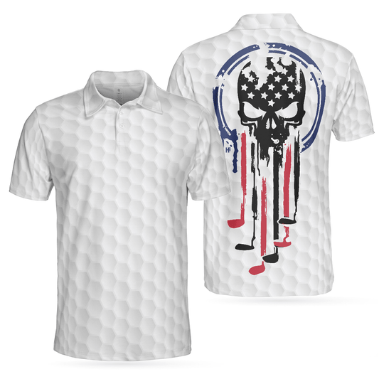 Golf Men Polo Shirt, American Skull Golf Clubs Set, American Flag Skull White Polo Shirt For Men - Gift For Golfers, Golf Lovers - Amzanimalsgift