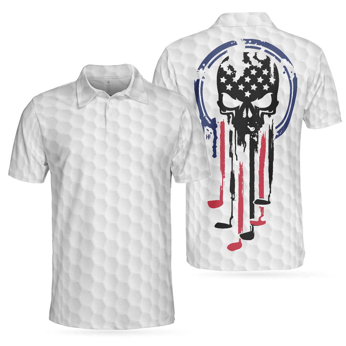 Golf Men Polo Shirt, American Skull Golf Clubs Set, American Flag Skull White Polo Shirt For Men - Gift For Golfers, Golf Lovers - Amzanimalsgift