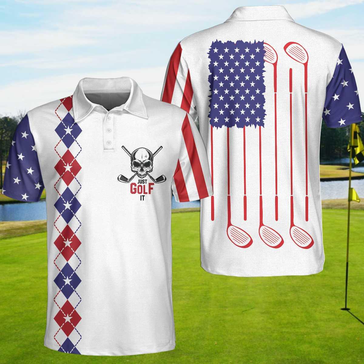 Golf Men Polo Shirt, Argyle Pattern American Flag, Just Golf It Skull Golf Polo Shirt For Men - Gift For Golfers, Golf Lovers - Amzanimalsgift