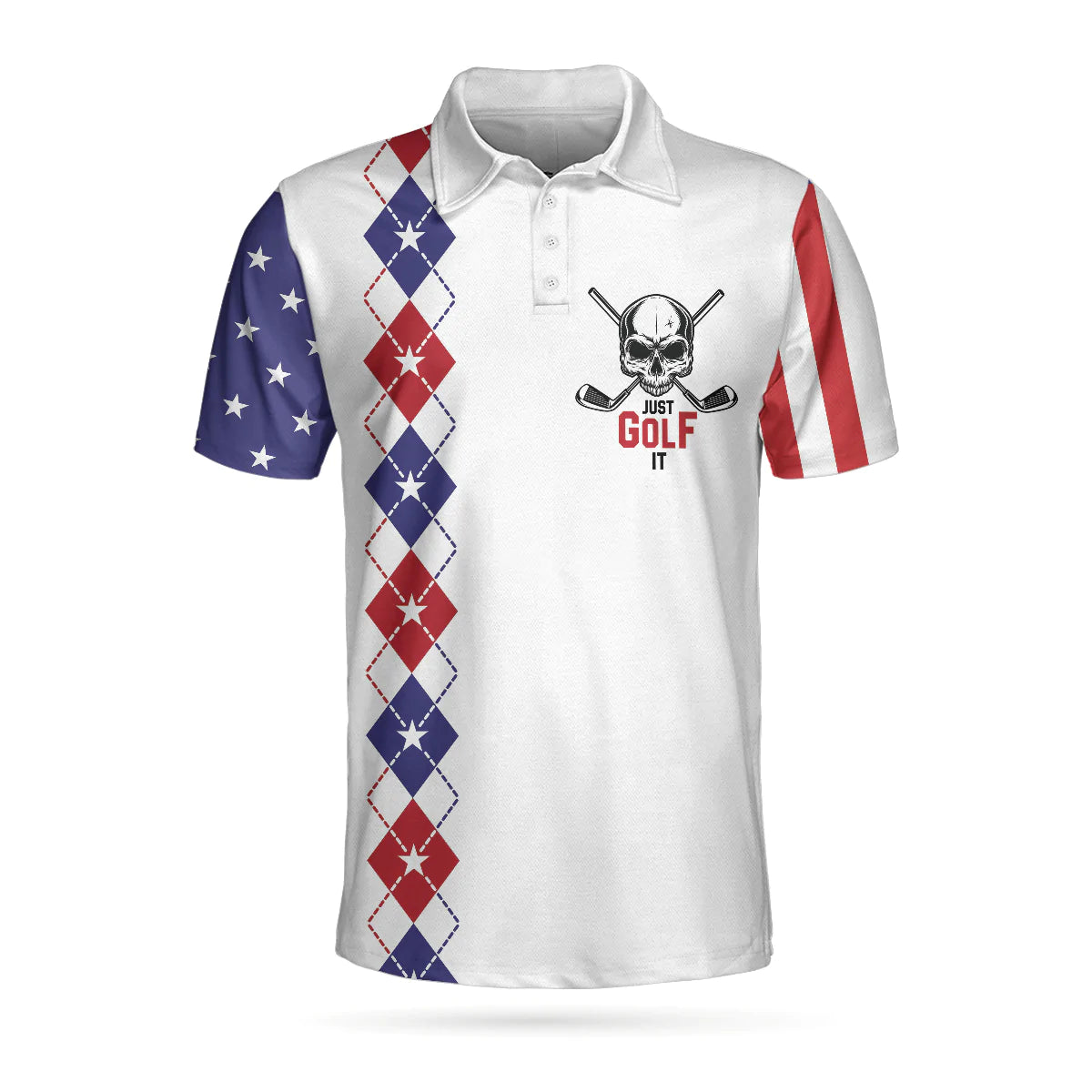 Golf Men Polo Shirt, Argyle Pattern American Flag, Just Golf It Skull Golf Polo Shirt For Men - Gift For Golfers, Golf Lovers - Amzanimalsgift