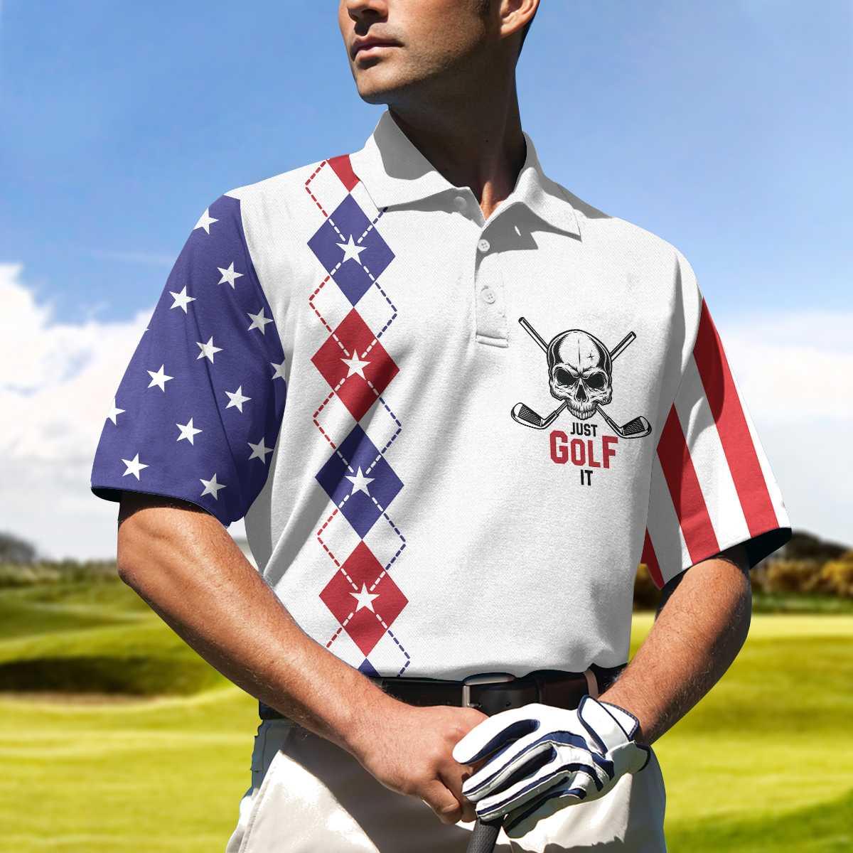 Golf Men Polo Shirt, Argyle Pattern American Flag, Just Golf It Skull Golf Polo Shirt For Men - Gift For Golfers, Golf Lovers - Amzanimalsgift