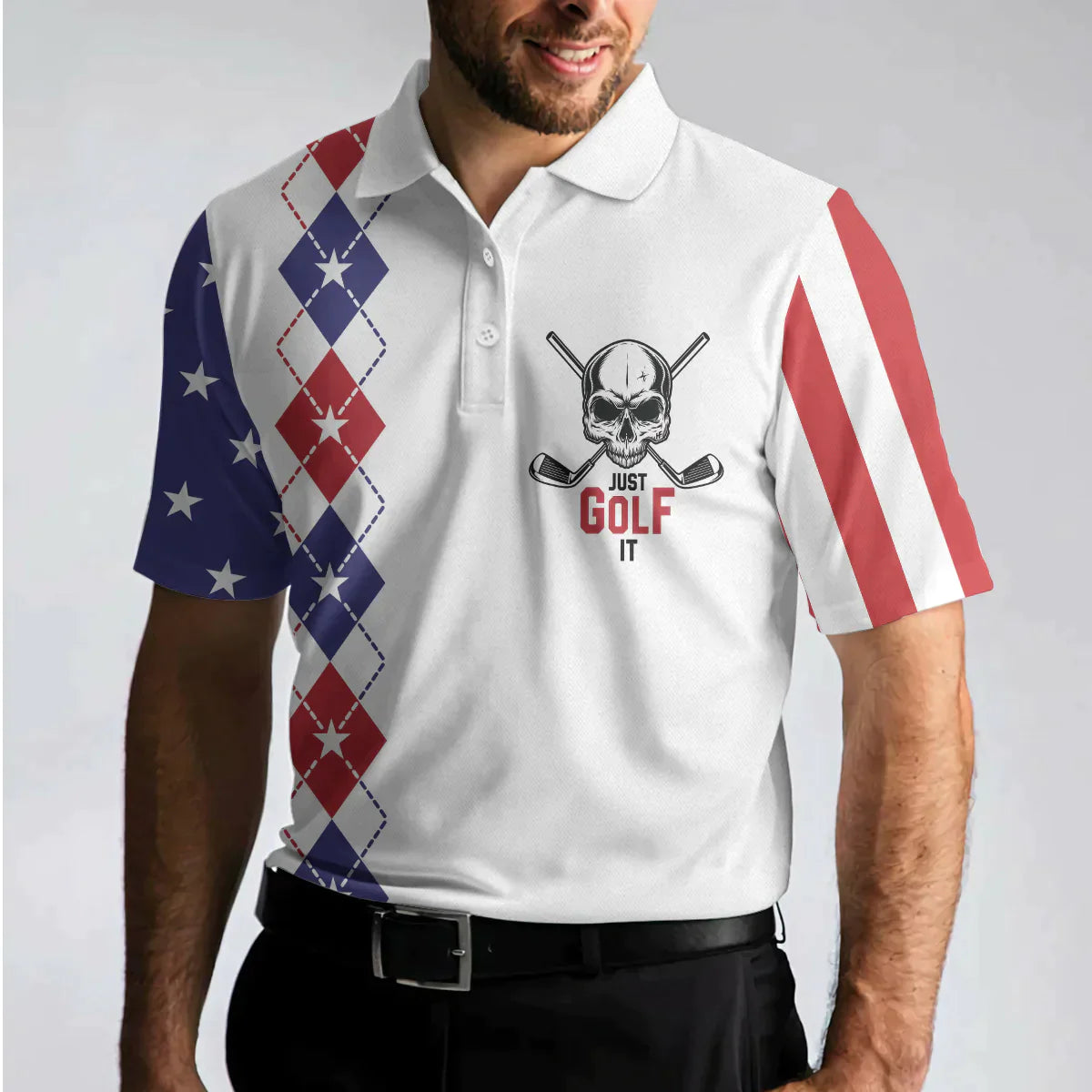 Golf Men Polo Shirt, Argyle Pattern American Flag, Just Golf It Skull Golf Polo Shirt For Men - Gift For Golfers, Golf Lovers - Amzanimalsgift