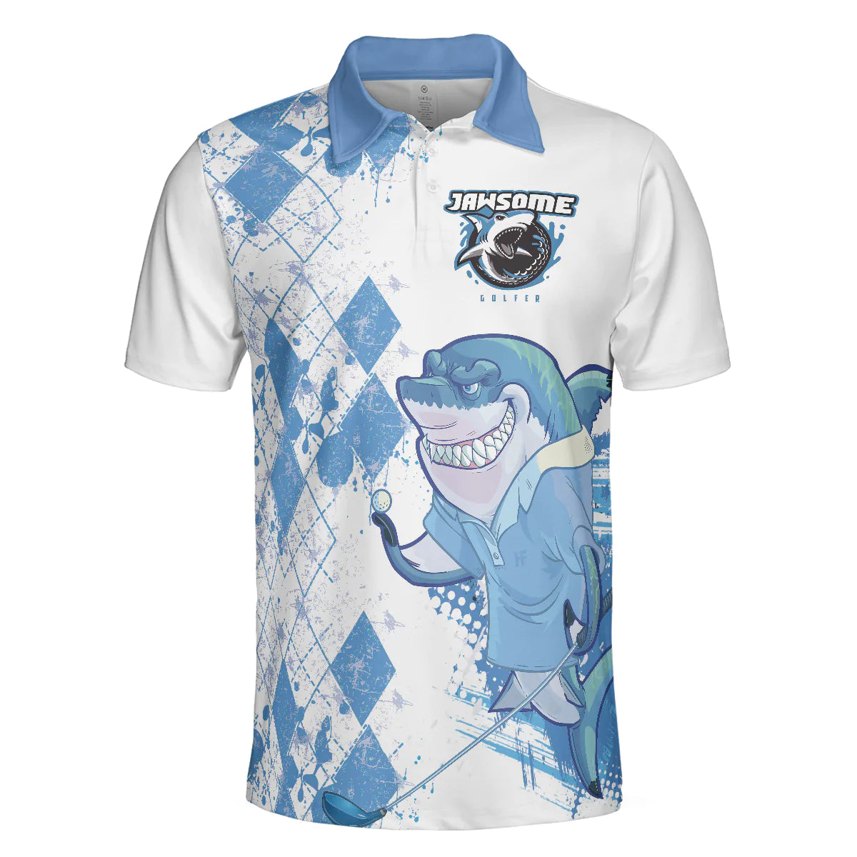 Golf Men Polo Shirt, Argyle Pattern American Flag Shark Polo Shirt, Jawsome Golfer Shark Shirts For Men - Gift For Golf Lovers, Golfers - Amzanimalsgift